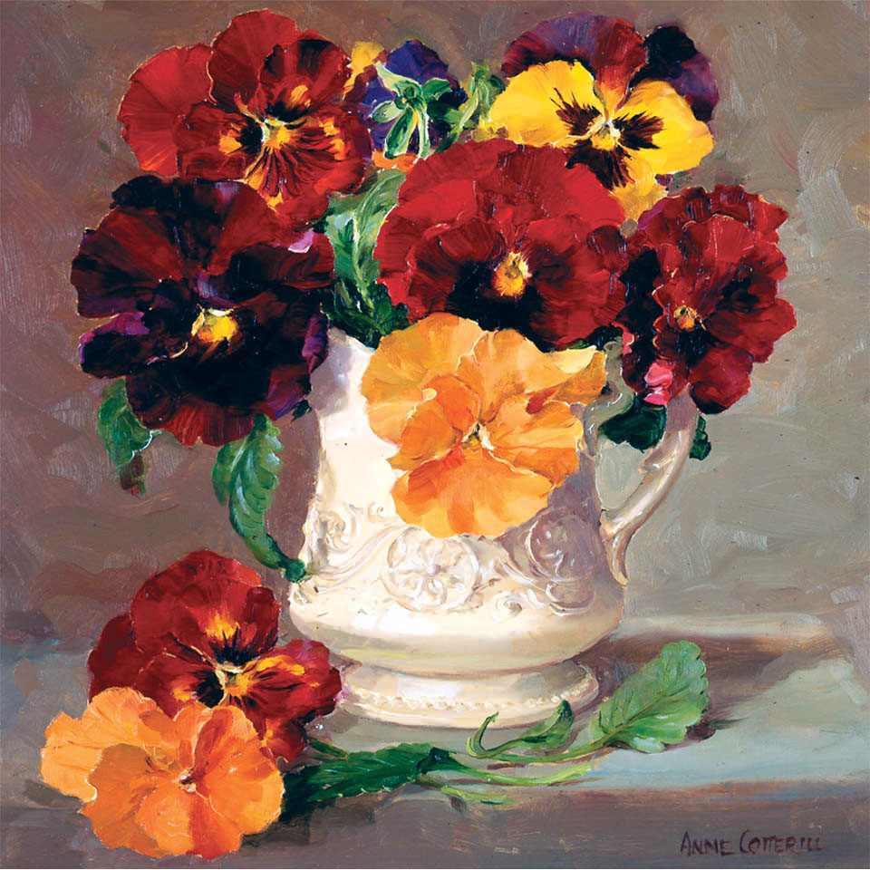 Pansies in a Cream Jug - Birthday card by Anne Cotterill Flower Art