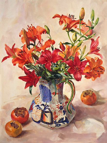 Day Lilies with Persimmons - Greetings card by Anne Cotterill