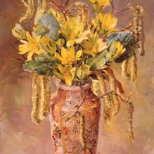 Celandines with Catkins greetings card by Anne Cotterill