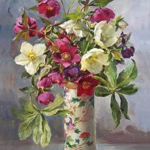 Pink and White Hellebores Christmas Card by Anne Cotterill