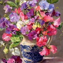 Sweet Peas in a Blue and White Jug - Birthday Card by Anne Cotterill
