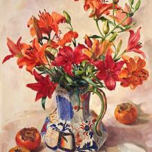 Day Lilies with Persimmons - Greetings card by Anne Cotterill
