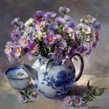 Michaelmas Daisies  blank greetings card by Anne Cotterill
