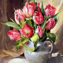 Pink Tulips - Blank or Birthday Card by Anne Cotterill Flower Art 