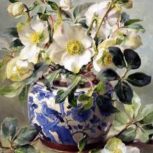 White Hellebores in a Chinese Vase - Birthday Card by Anne Cotterill