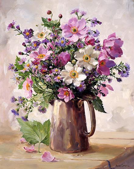 Japanese Anemones in a Silver Jug - Birthday Card by Anne Cotterill
