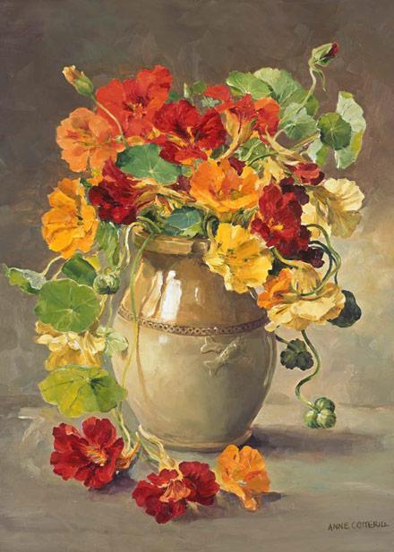 Nasturtiums in a Stone Jar - greetings card by Anne Cotterill