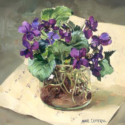 Purple Violets in a Glass Jar - greeting card by Anne Cotterll