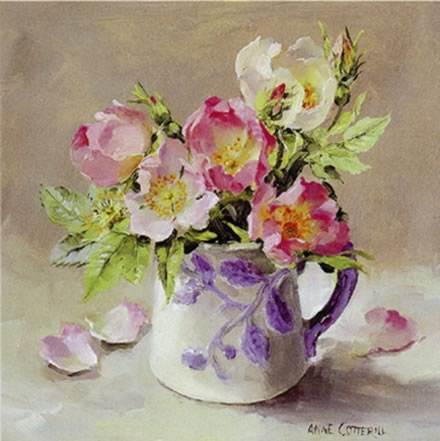 Dog Roses - Blank Card by Anne Cotterill Flower Art