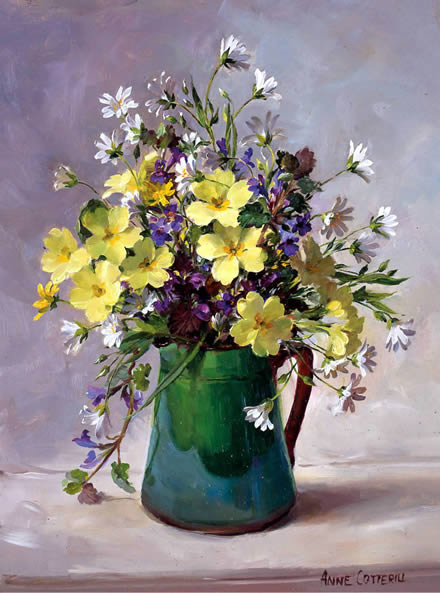 Primroses and Stitchwort in a Green Jug - Blank/Birthday Card by Anne Cotterill Flower Art