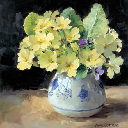 Primroses with Violet -by Anne Cotterill Flower Art