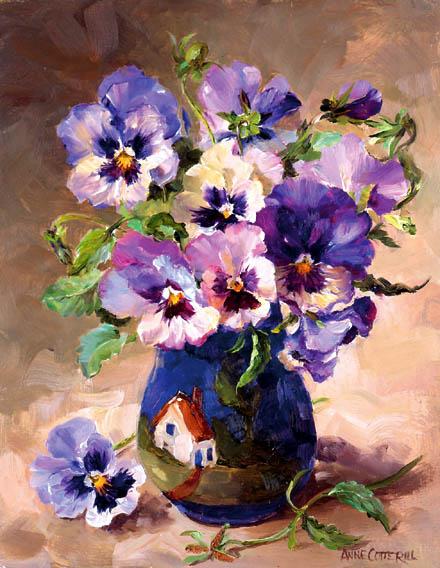 Pansies in Torquay Pottery greetings card by Anne Cotterill Flower Art