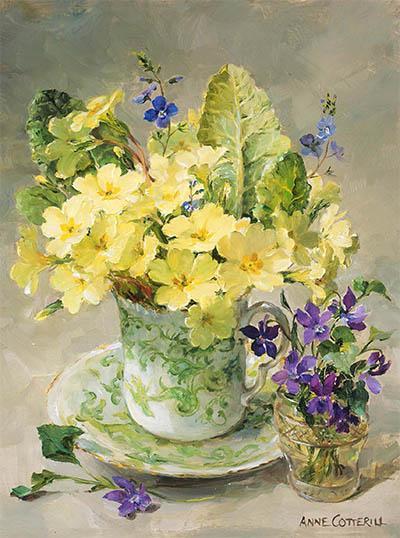 Primroses with Posy of Violets - Birthday Card by Anne Cotterill