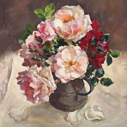 Roses in a Pewter Jug - blank card by Anne Cotterill