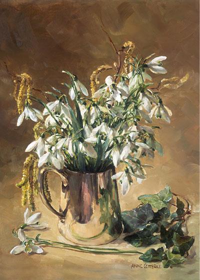 Snowdrops in a Silver Jug - Flower Card by Anne Cotterill