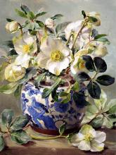 White Hellebores in a Chinese Vase - Christmas Card by Anne Cotterill
