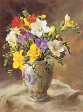 Freesias in a Chinese Vase Birthday Card by Anne Cotterill