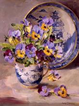 Pansies with Willow Pattern Plate - Birthday Card by Anne Cotterill