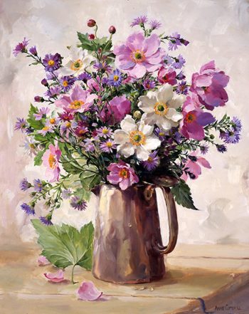 Greetings card of pink and white Japanese Anemones by Anne Cotterill.