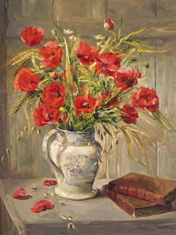 Poppies with Books greeting card by Anne Cotterill.