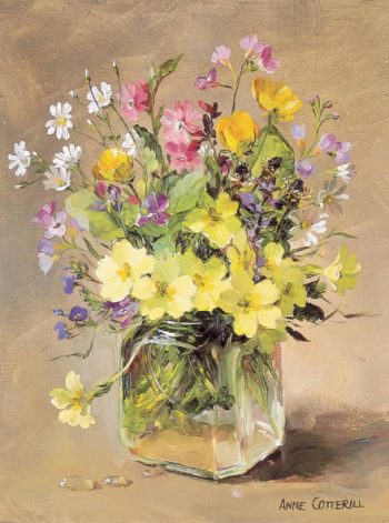 Blank greetings card of April flowers including primroses, stitchwort and camions by Anne Cotterill A-0002