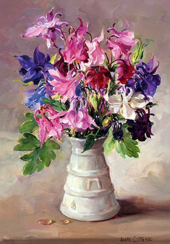 Columbines (aquilegia) card by Anne Cotterill