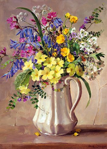 Spring flowers in a white jug card by Anne Cotterill