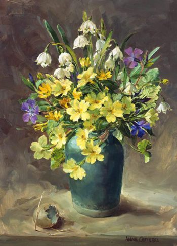 Primroses with snowflakes card by Anne Cotterill