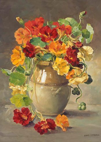 Nasturtiums in a stone jar card by Anne Cotterill