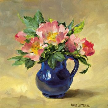Blank greetings card D-0005 of briar roses in a blue jug by Anne Cotterill