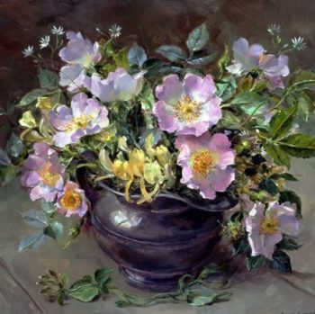 Blank or birthday card depicting wild briar roses with honeysuckle in a pewter jug from the oil painting by Anne Cotterill