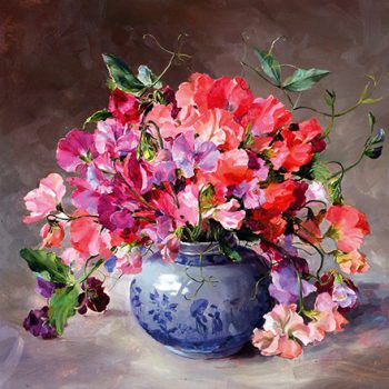 Bouquet of Sweet Peas in a blue and white Chinese vase birthday or blank card from the oil painting by Anne Cotterill