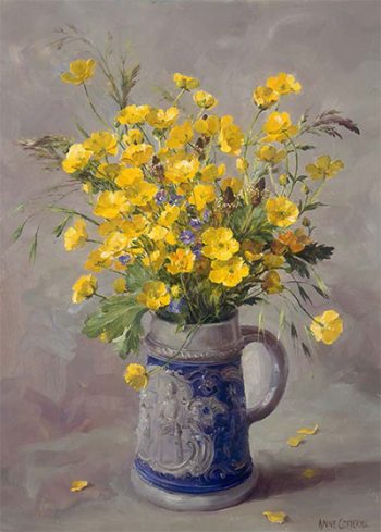 Buttercups in a blue and grey jug card by Anne Cotterill.