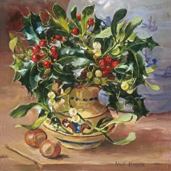 Fine art blank or Christmas card depicting holly and mistletoe in a Torquay Pottery jug by Anne Cotterill