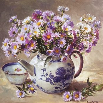 Blank greetings card -Michaelmas Daisies in a Blue and White China Teapot by Anne Cotterill.