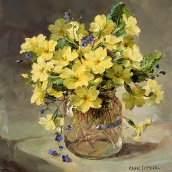 Blank greetings card featuring a posy of primroses in a glass jam jar D-0032 by Anne Cotterill