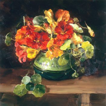 Blank greetings card featuring orange and yellow nasturtiums in a Torquay Pottery sugar bowl D-0033 by Anne Cotterill