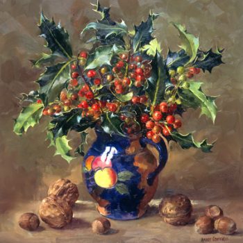 Blank or Christmas card depicting holy with ivy and nuts from the oil painting by Anne Cotterill D-0034