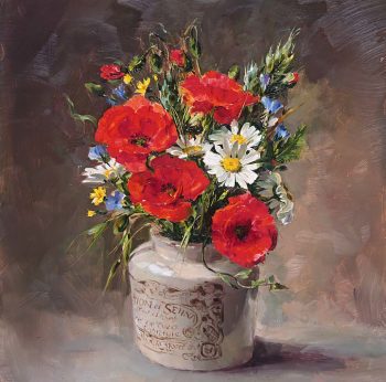 Blank card of poppies with oxeye daisies in a stone jar D-0035 by Anne Cotterill