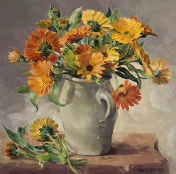 Blank greetings card of marigolds (Calendula) in a stone jar D-0036 by Anne Cotterill