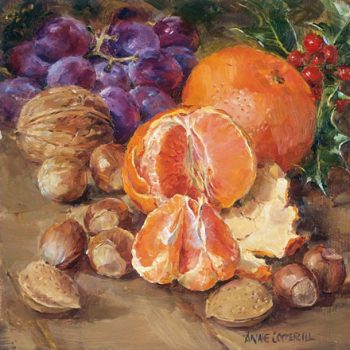 Blank or Christmas card with festive still life of oranges, grapes, nuts and holly D-0039 by Anne Cotterill