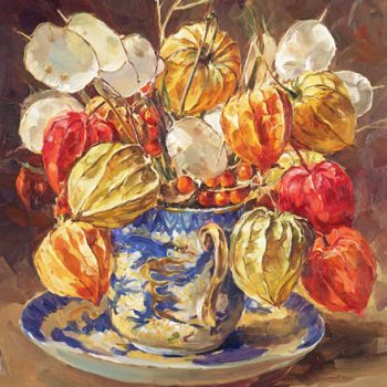 Blank or Christmas card depicting Chinese lanterns with honesty in a China cup and saucer D-0040 by Anne Cotterill
