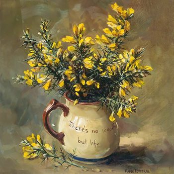 Blank card D-0043 of yellow gorse flowers in a Torquay Pottery jug by Anne Cotterill