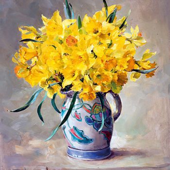 Greetings card depicting daffodils in a Honiton pottery jug from the oil painting by Anne Cotterill