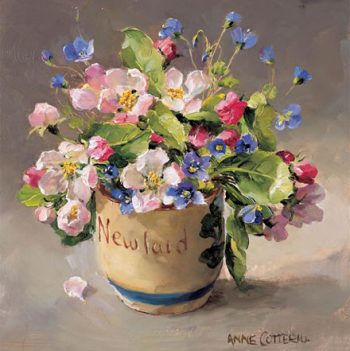 Egg cup with apple blossom. Blank greetings card by Anne Cotterill. D-0024