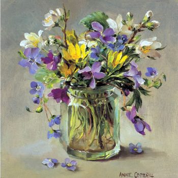 First flowers. Blank greetings card of violets, celandines and wild cherry blossom by Anne Cotterill. D-0020