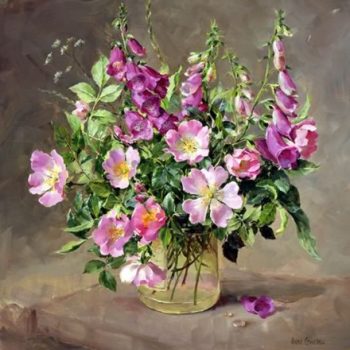 Blank or birthday card depicting foxgloves and wild roses in a jam jar from the oil painting by Anne Cotterill