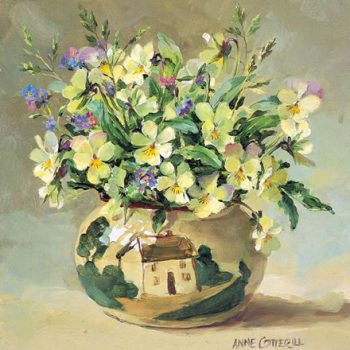 Blank greetings card D-0006 of heartsease (wild pansies) and forget-me-nots in Torquay Pottery by Anne Cotterill