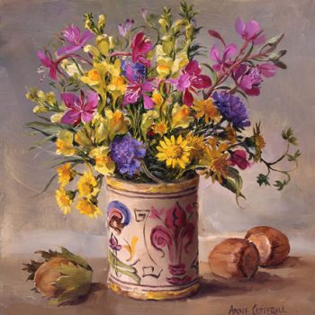 Blank greetings card depicting hedgerow flower and hazel nuts in a Honiton pottery vase by Anne Cotterill D-0031