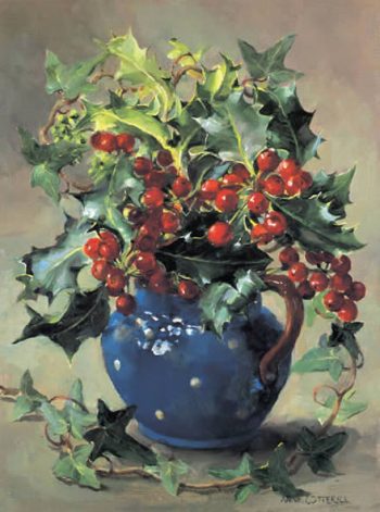 Fine art blank or Christmas card depicting holly and ivy in a blue spotted china jug by Anne Cotterill